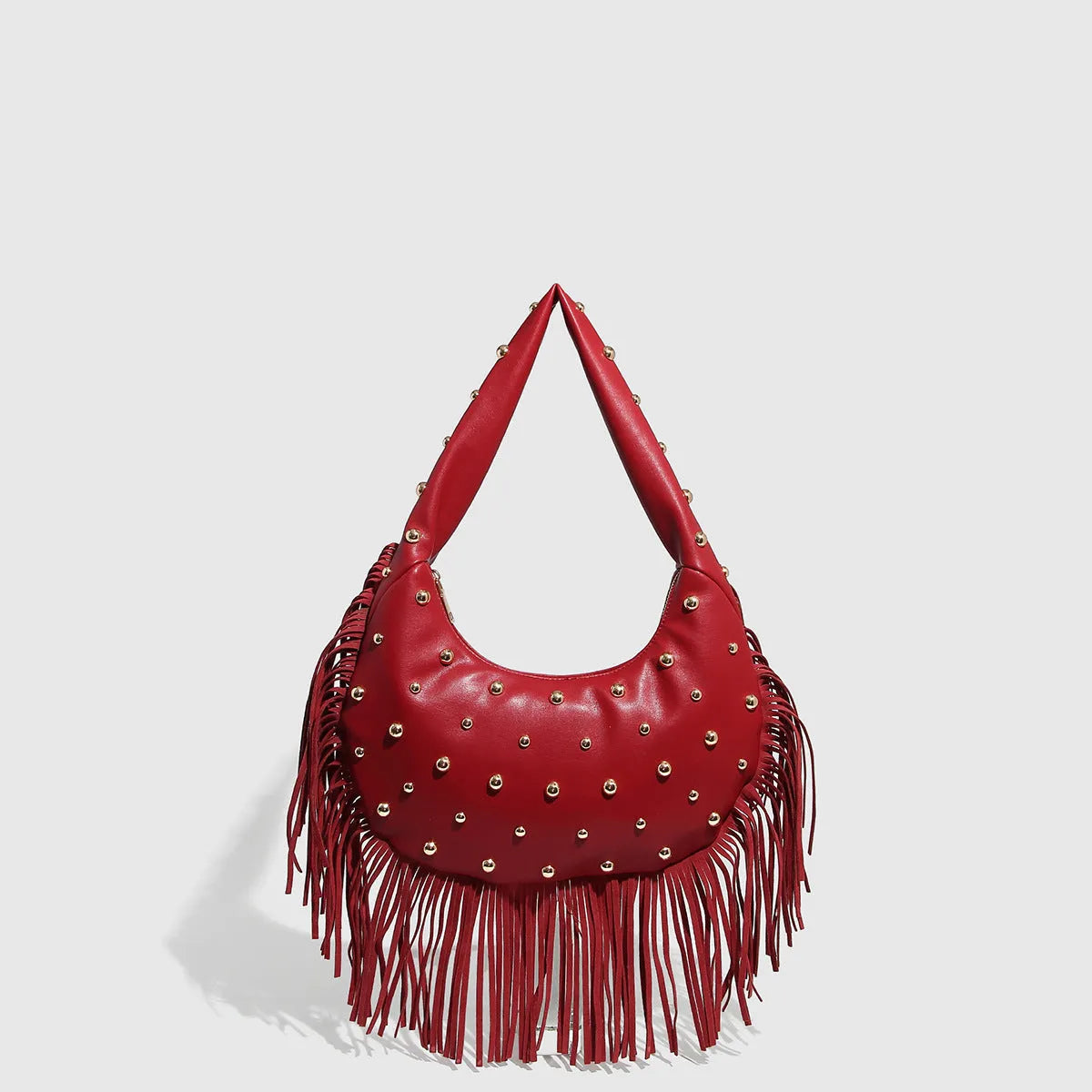 Retro tassel shoulder handbag in black or wine red with mobile phone compartment