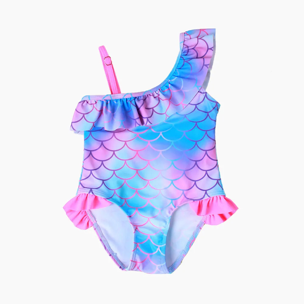 Girls' one-piece swimsuit with scale print and flounced gradient hem in nylon fabric