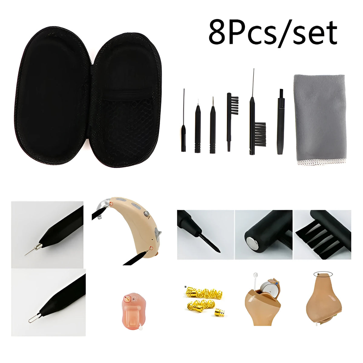 Hearing aid cleaning care kit with cloth, brush, ventilation rod, screwdriver and needle removal tool, 12x7x3cm pack
