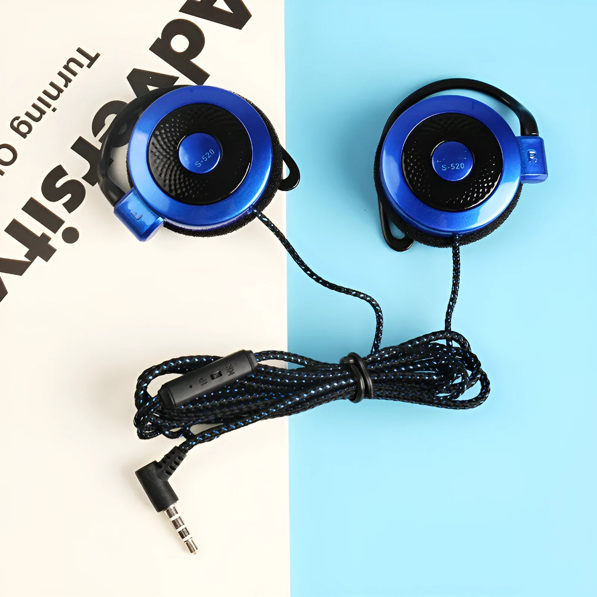 Wired earhook earphones with extra low bass, 1.2m woven cable, 3.5mm curved plug, 40mm driver