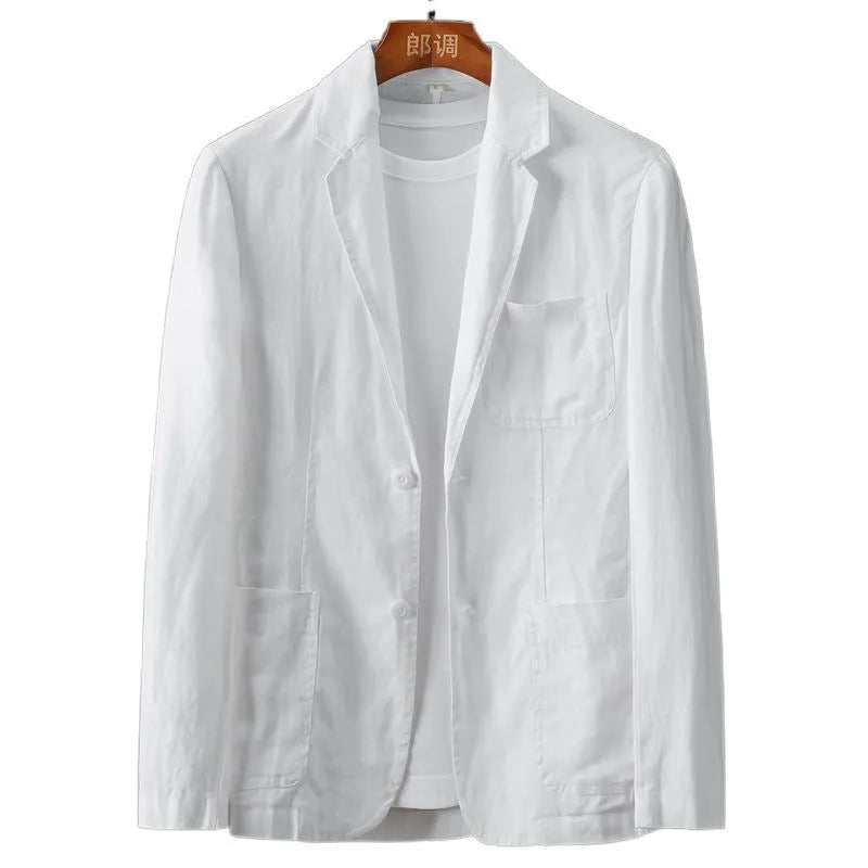 Men's solid colour slim fit linen suit jacket with nine-point sleeves on a hanger.