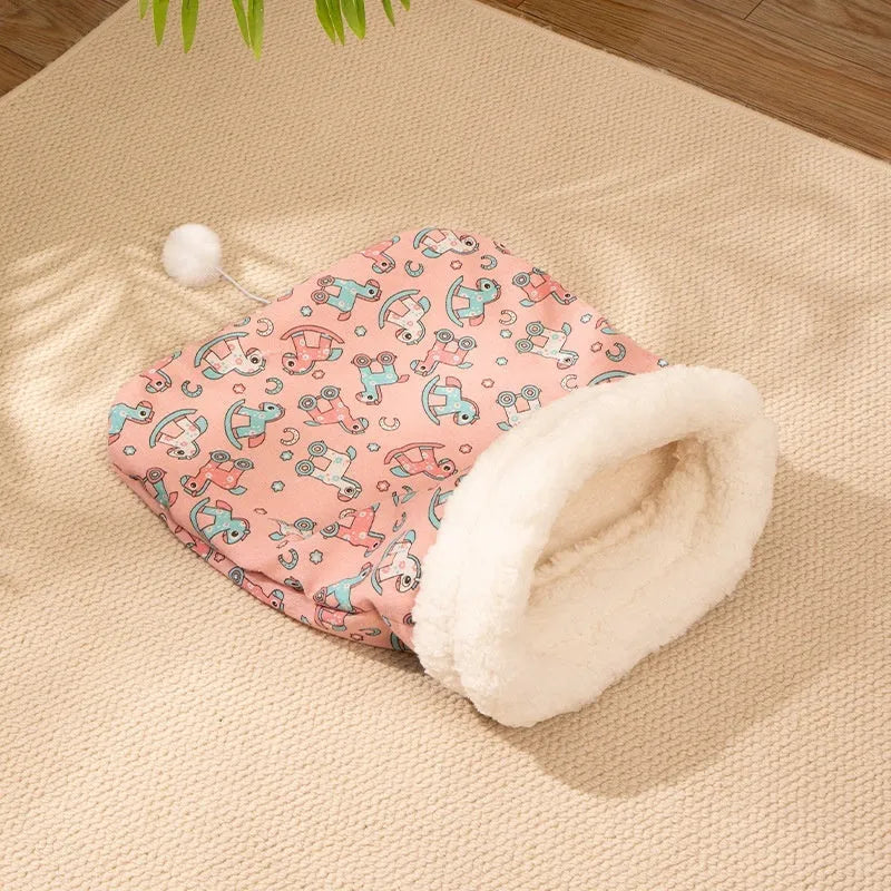 Blue rabbit design flannel cat sleeping bag nest bed measuring 50 by 40 centimetres.