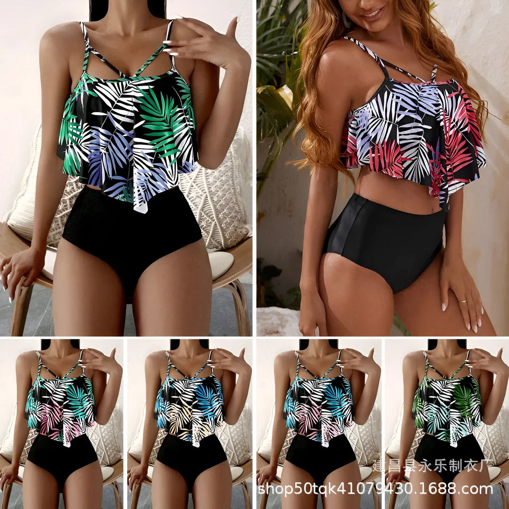 Women's white floral print high-waist bikini swimsuit laid flat.
