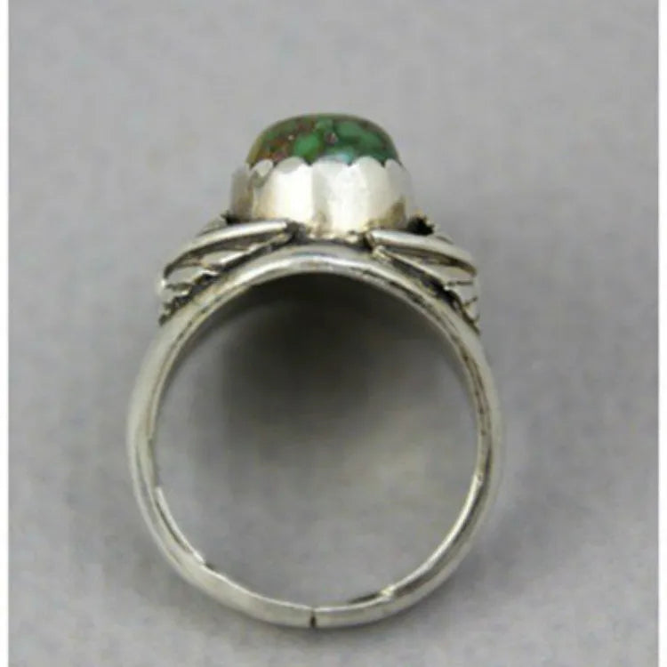 Turquoise geometric alloy ring with retro inlaid design for women, showing five available sizes