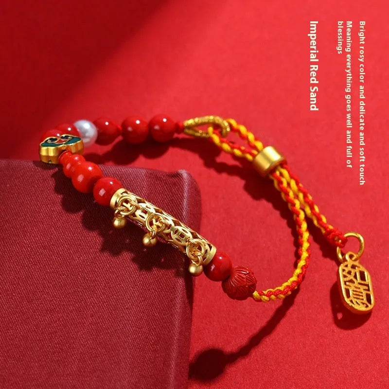 Cinnabar red rope bell-bracelet with hand-woven geometric design and round elements