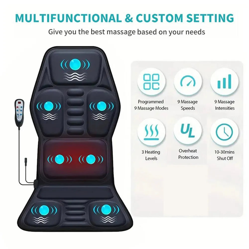 Massage cushion with heat showing control panel and multi-position design for back and neck relief