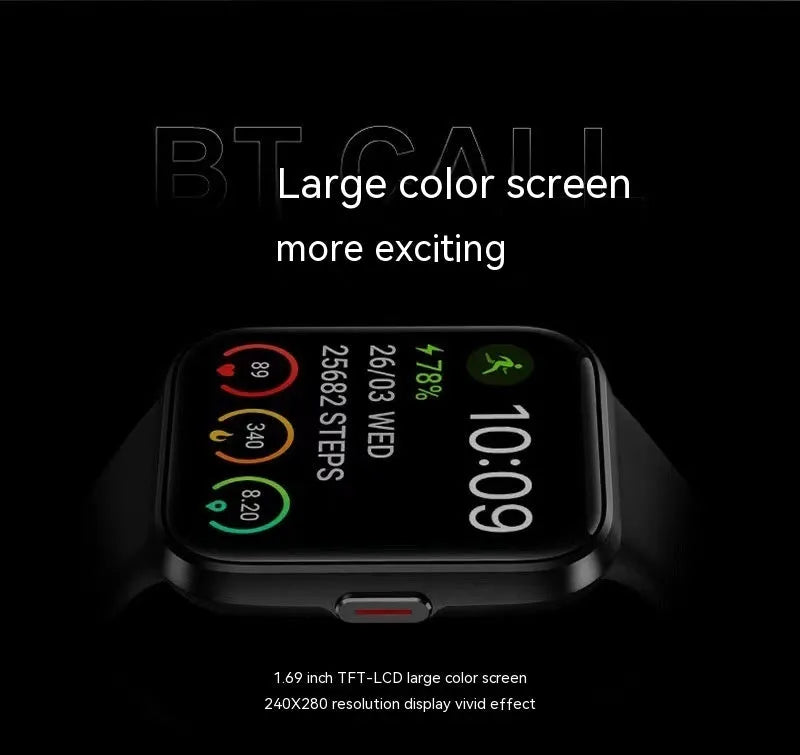 Smart watch with colour touch screen displaying health stats, shown in black, pink, blue, and green colour options.