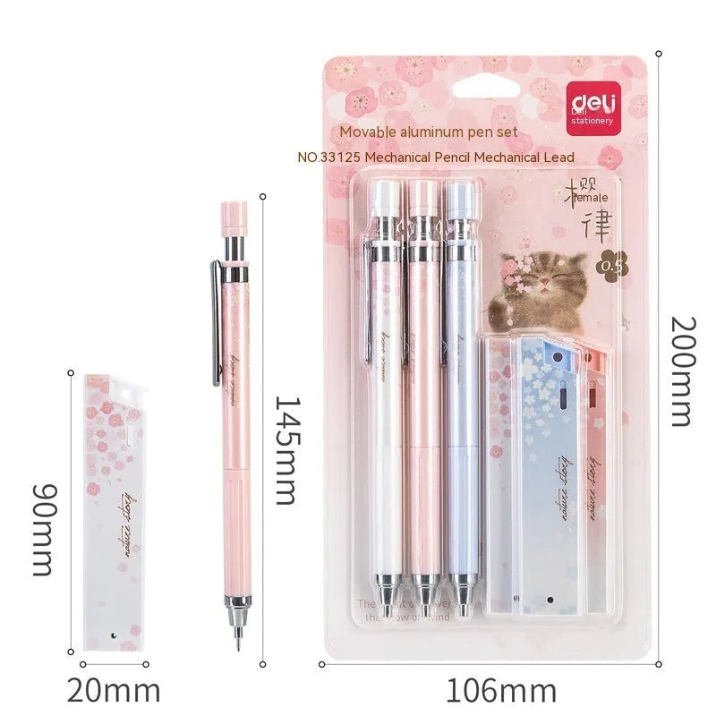 Cartoon sakura design automatic pencil set with three pencils and boxes of HB refills.
