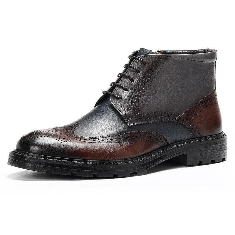 Men's curry blue leather brogue boots with colour blocking and square low heel