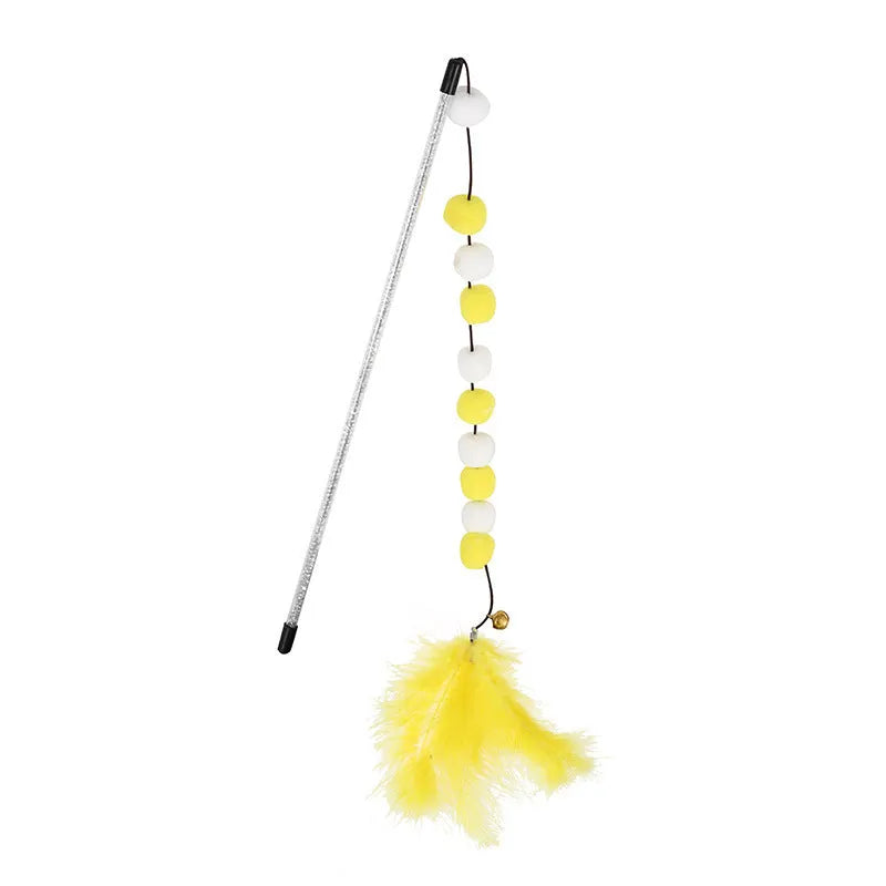 Acrylic pompon cat teaser stick with feather attachments and bell, 31cm long in multiple colours