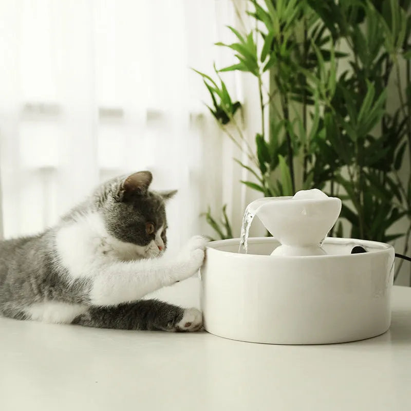 White ceramic cat drinking fountain with automatic circulation and USB power cord