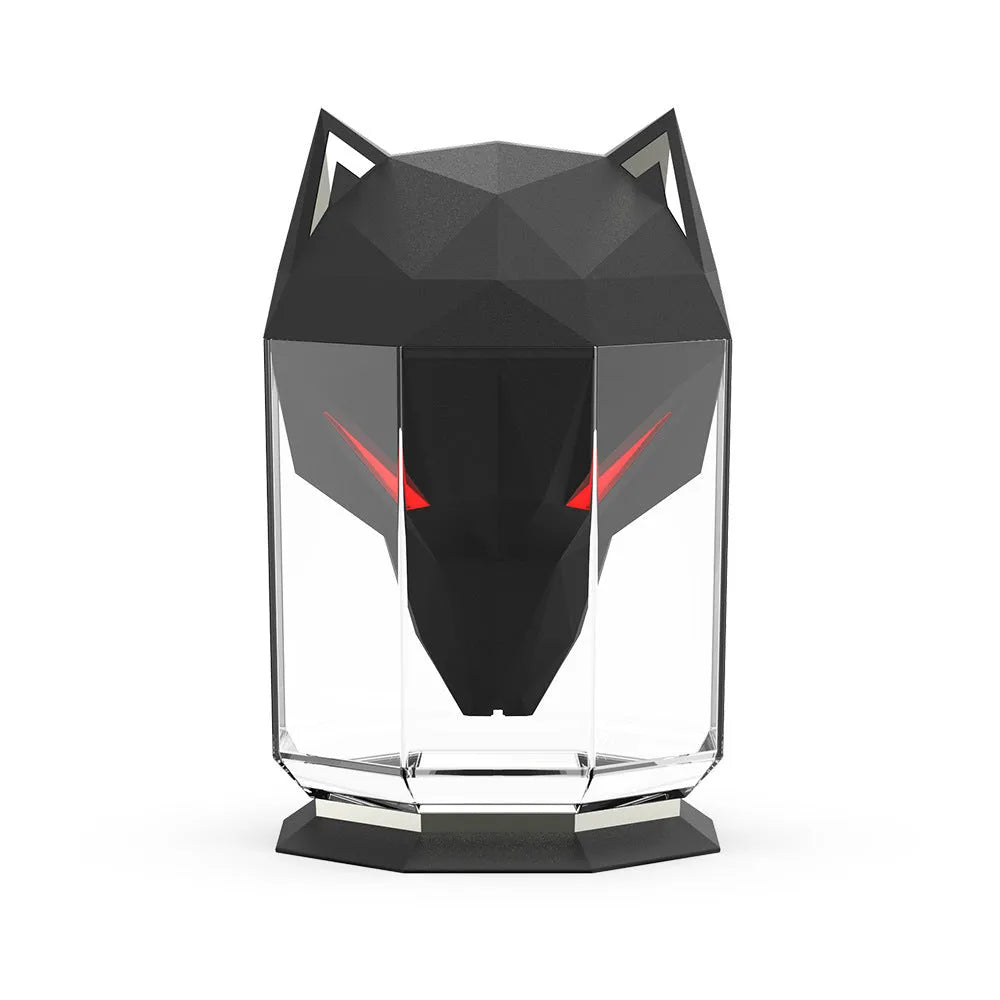 War Wolf ultrasonic air humidifier with colourful LED lights on desktop next to USB cable