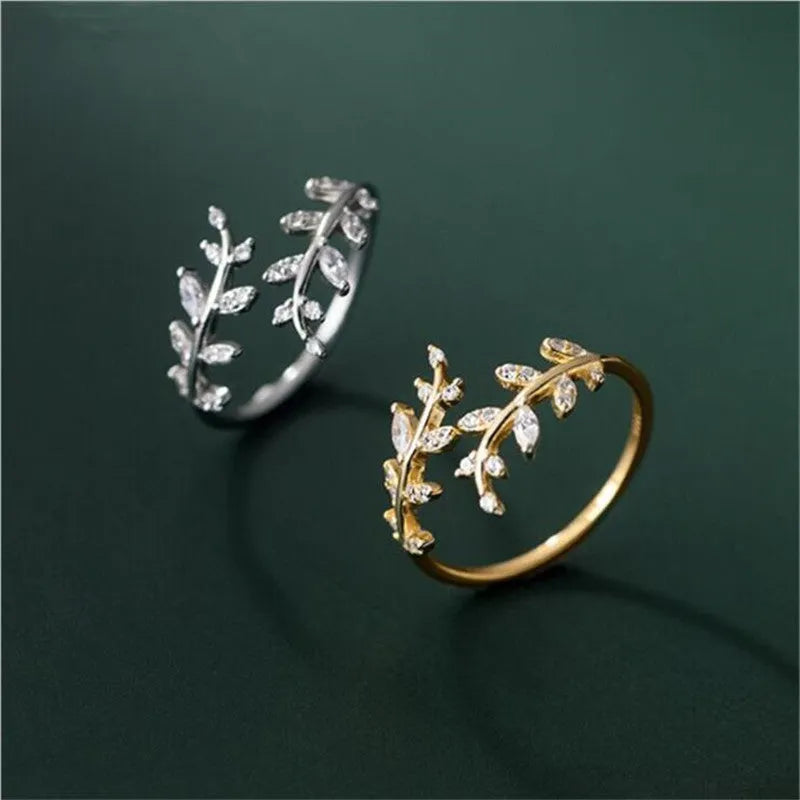 Leaf branch ring for women with copper base and electroplated gold or silver finish