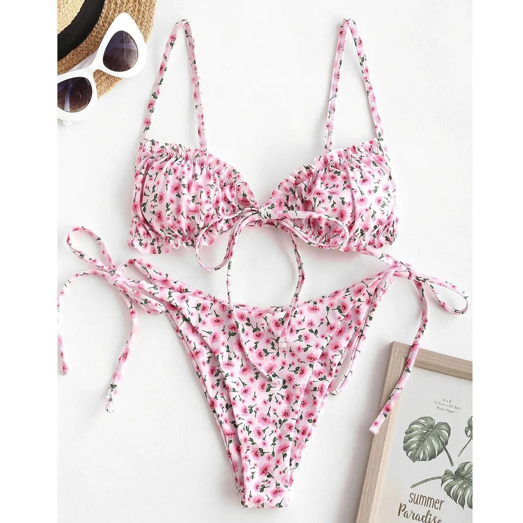 Blue printed women's swimsuit with multi-rope banded detailing and lapel collar