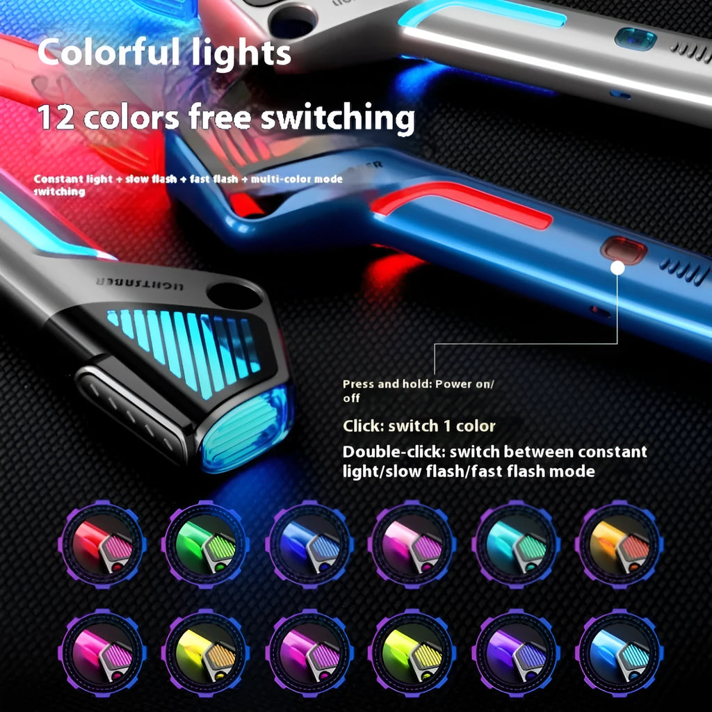 Children's plastic retractable laser sword in silver with 12-colour gravity-sensing light effects