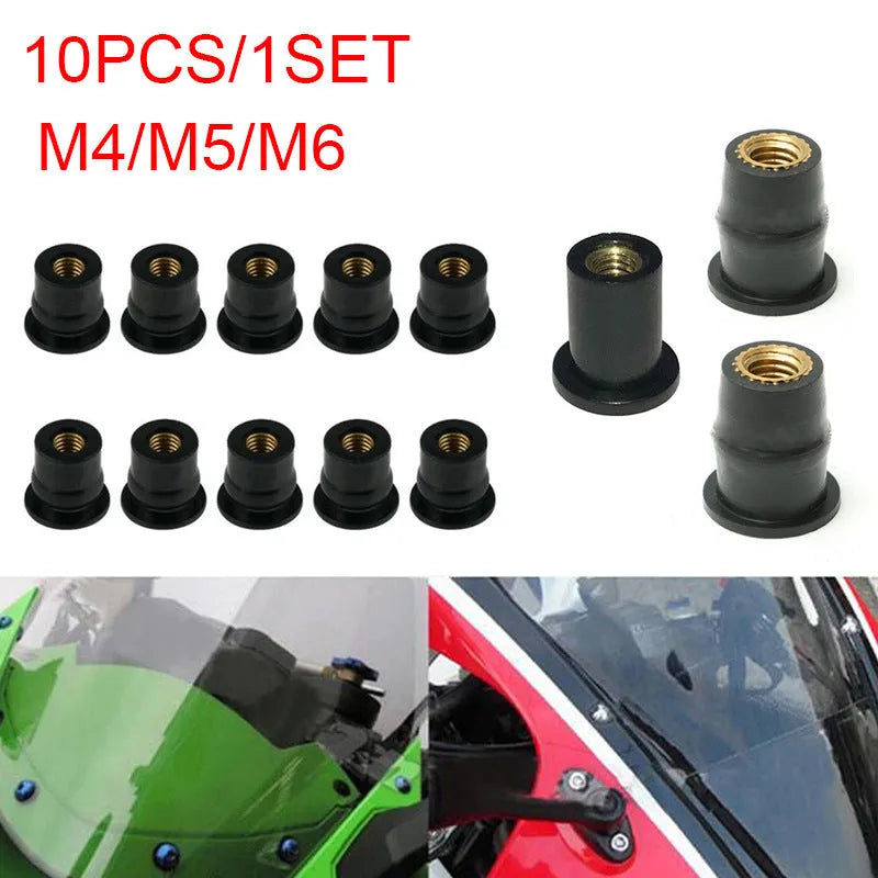 Black rubber and brass expansion well nut fasteners for motorcycle mounting in M4, M5, M6 sizes.