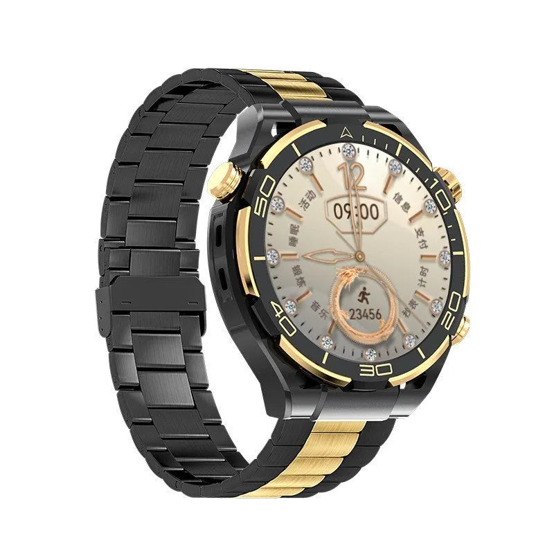 Black smart watch with TFT display, silicone and leather straps, featuring health monitoring and NFC function