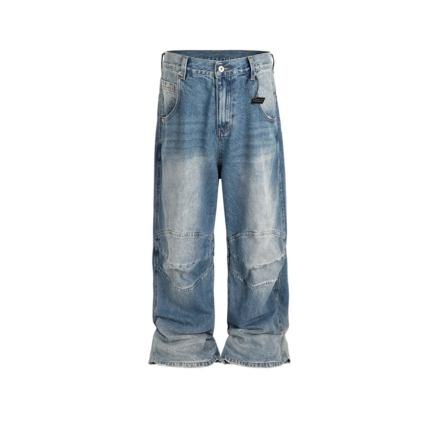 Men's washed light blue baggy jeans with a straight-leg cut and zip fly.