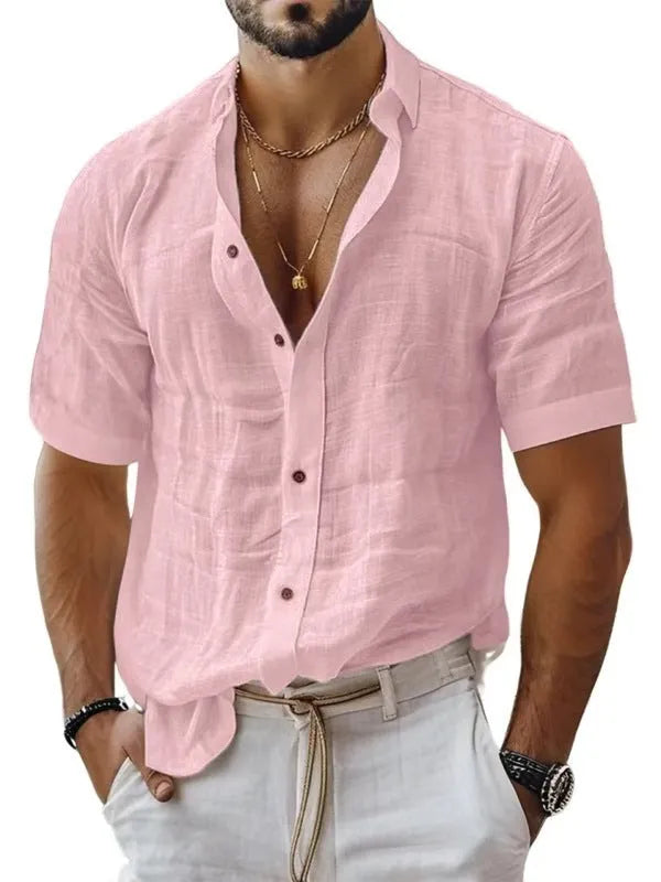 Men's short sleeve lapel shirt in a solid colour, showing cardigan style and polyester fabric.