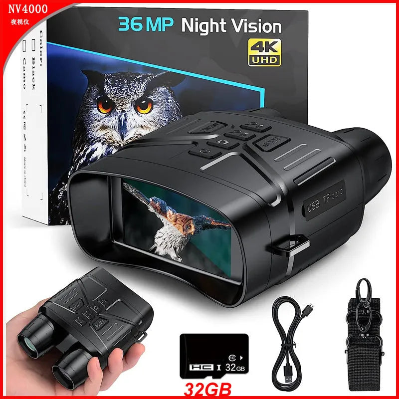Black or camouflage 4K night vision instrument with display screen showing night vision footage.
