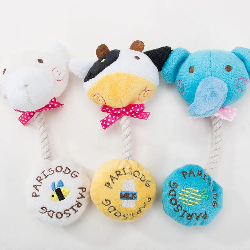 Plush animal dog toy with cotton rope in frog, elephant, cow or bear designs with squeaker