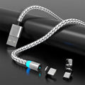 Breathing light magnetic charging cable with LED indicator, showing magnetic tips for iPhone and Android phones.