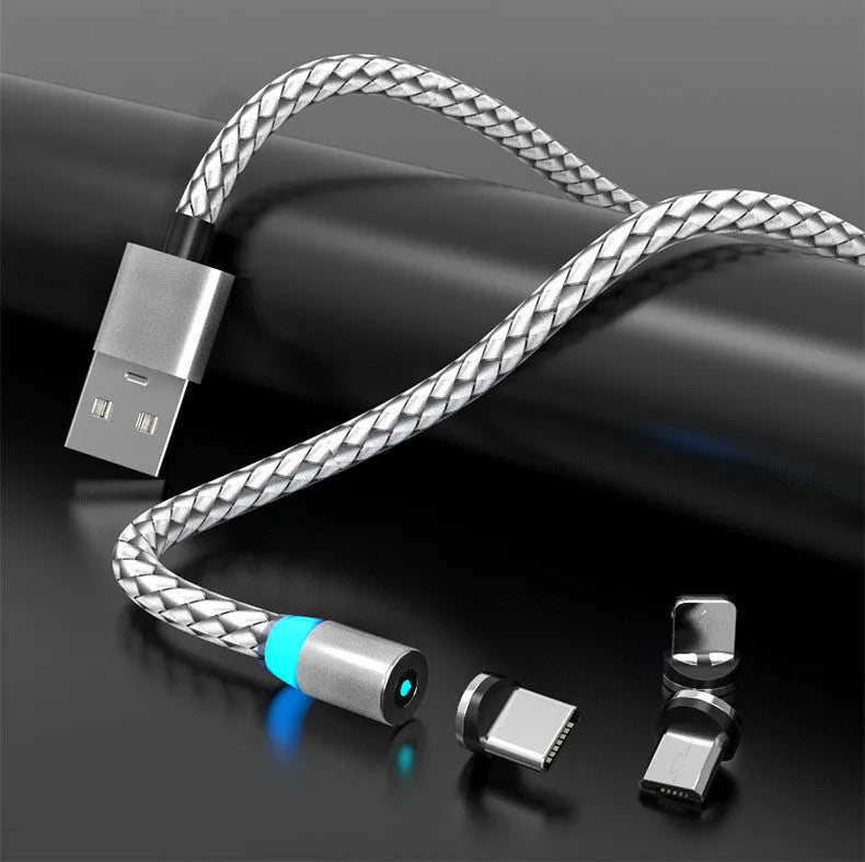 Breathing light magnetic charging cable with LED indicator, showing magnetic tips for iPhone and Android phones.