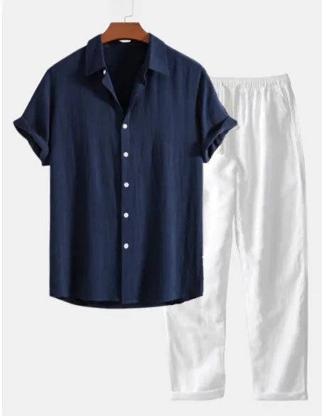 Casual loose navy blue cotton linen short sleeve shirt and shorts suit set