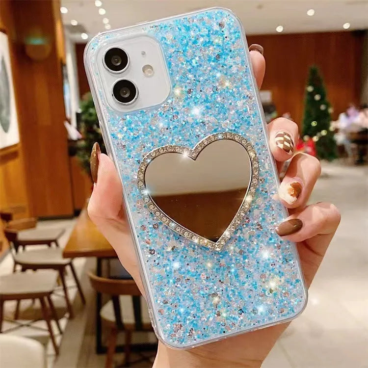 Epoxy mirror heart shape rhinestone phone case for Apple iPhone in glitter heart mirror-gold finish with reflective surface