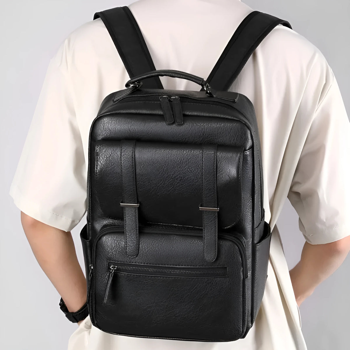 Waterproof PU leather backpack in amber brown, cool black or khaki, 40x28x18cm, with air pillow belt