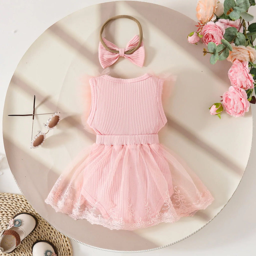 Baby sleeveless leotard bodysuit with bow and hairband, knitted polyester, white or pink, sizes 0-3M to 12-18M