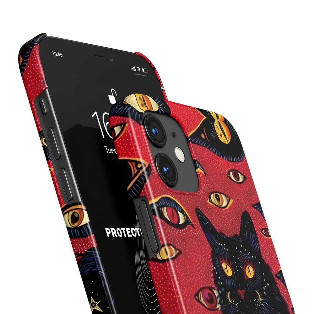 Retro cat eye design hard shell phone case for iPhone, shown in frosted and glossy half-covered style options.