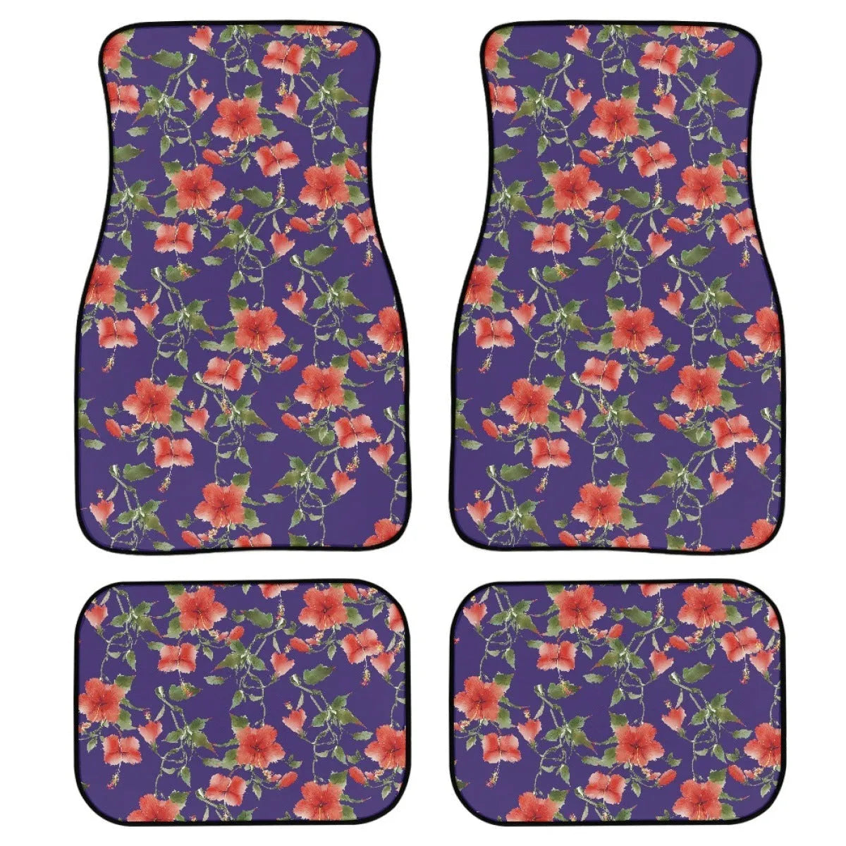 Black universal fit rubber car floor mats set of four with textured surface, shown in a vehicle footwell.