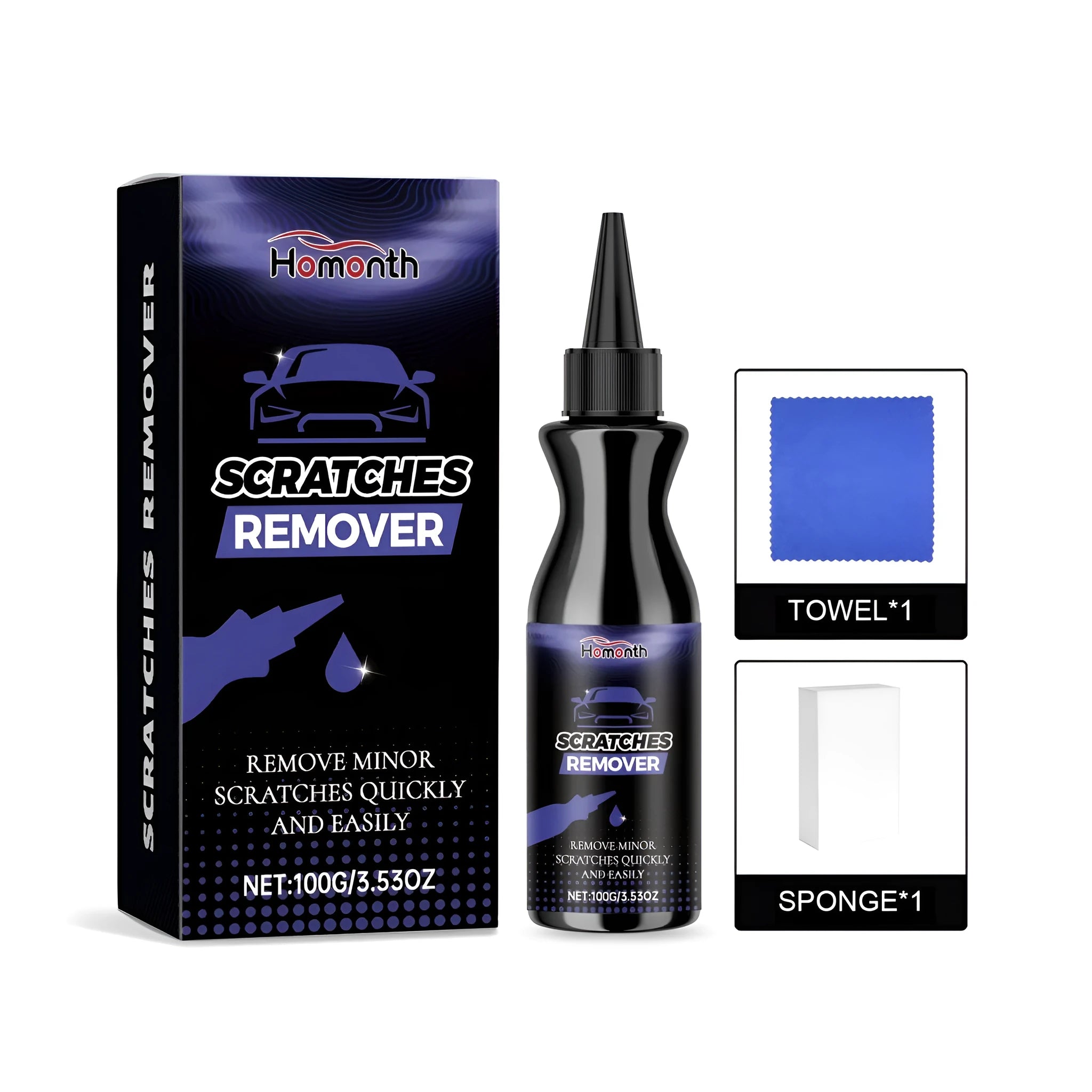 Car scratch remover kit with 100g paste tube, applicator sponge and microfibre towel for automotive paint care