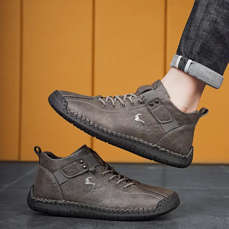 Men's casual velcro sneakers in black with microfiber upper and rubber sole, lace-up front and car stitching detail