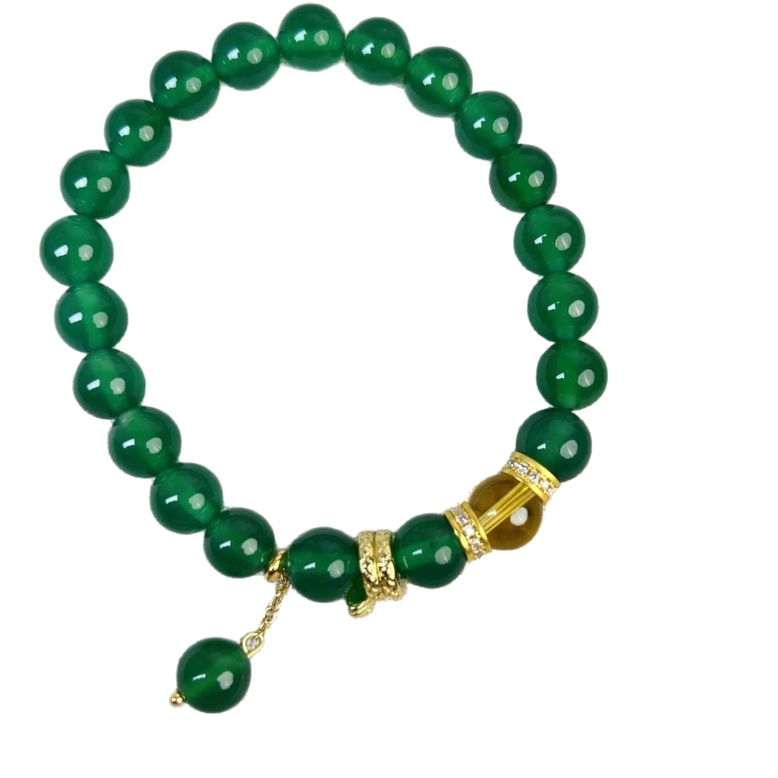 Handcrafted green chalcedony wealth snake and red agate beaded bracelet with copper components.