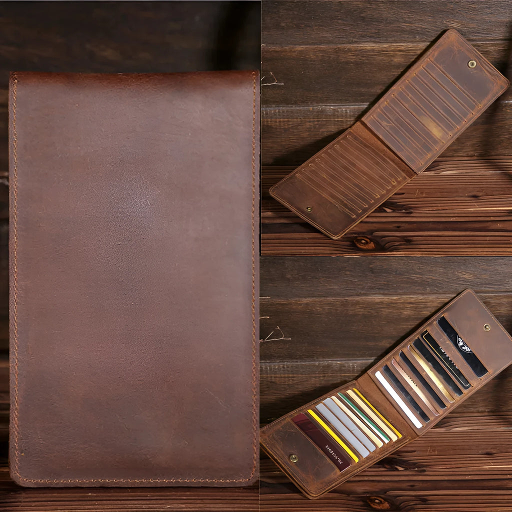 Men's slim leather card wallet in first-layer cowhide with 18 card slots, a money compartment, and a mobile phone slot.