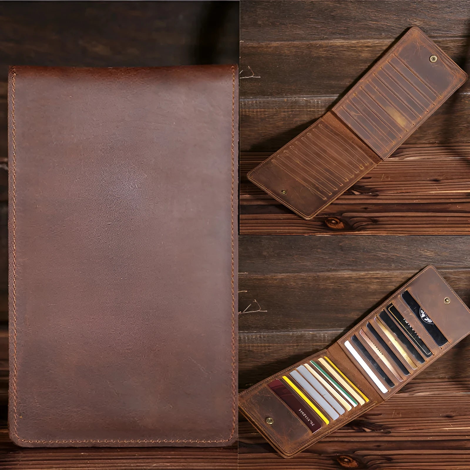 Men's slim leather card wallet in first-layer cowhide with 18 card slots, a money compartment, and a mobile phone slot.
