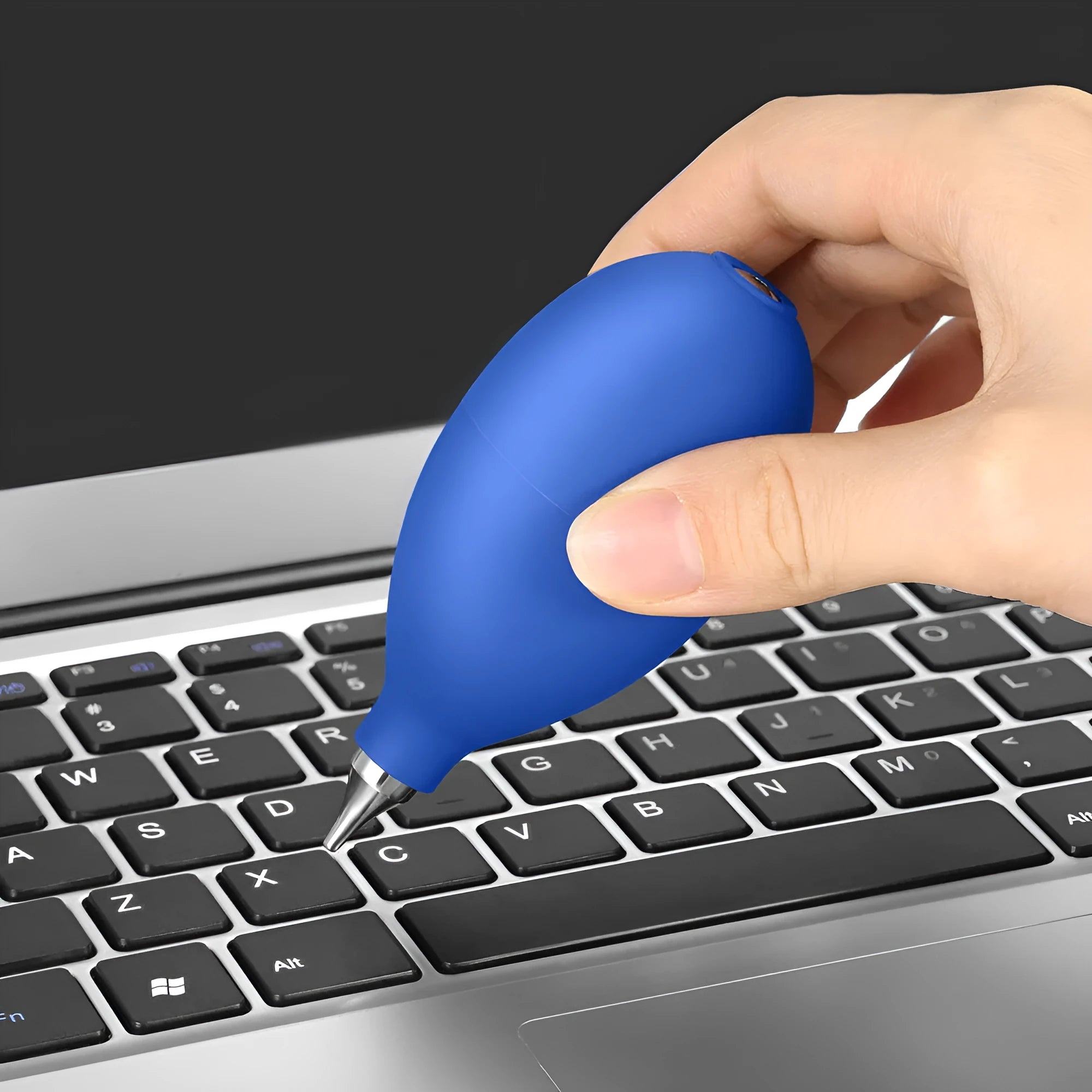 Blue and black rubber dust removal air blower tool for cleaning camera lenses and phone screens