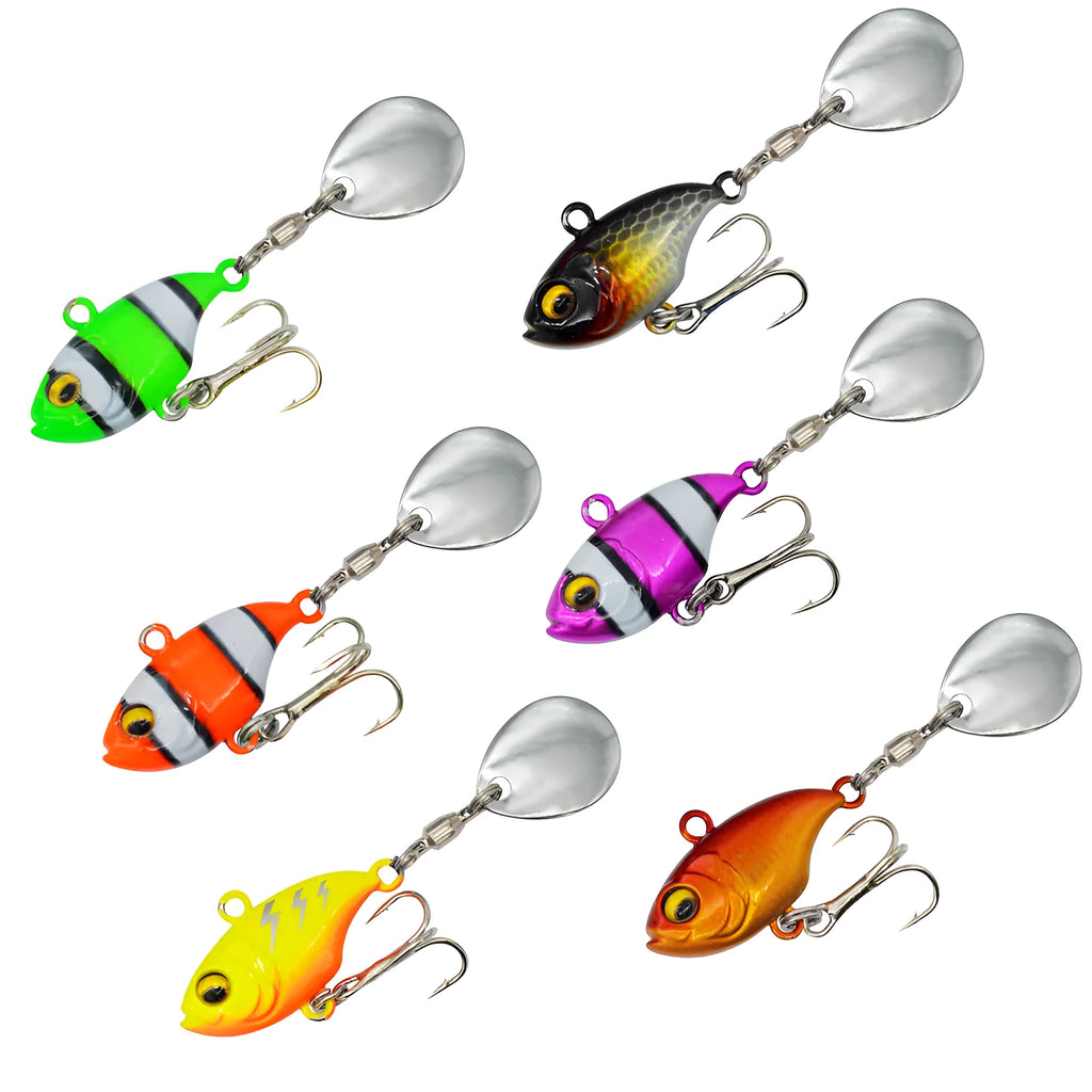 Metal sea fishing lure with a rotating sequin in zebra orange, mesh black, and gold colour variants.