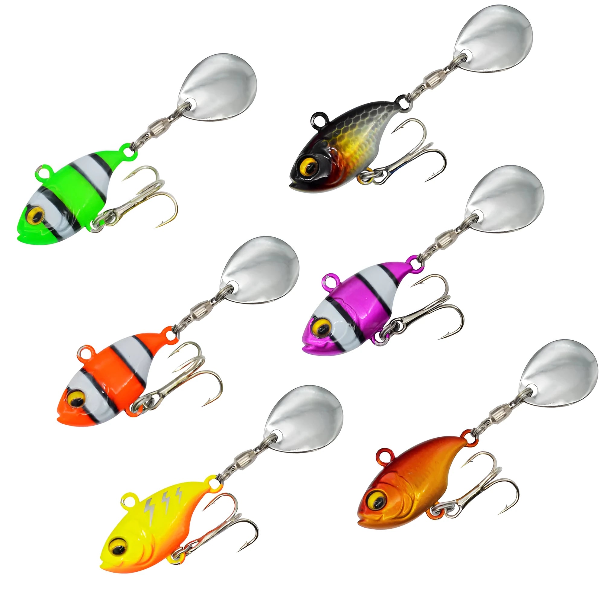Metal sea fishing lure with a rotating sequin in zebra orange, mesh black, and gold colour variants.