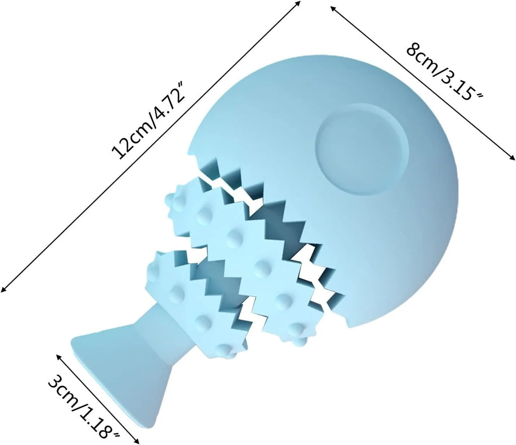 Blue fish bone shaped soft chew toy for dogs on a white background.