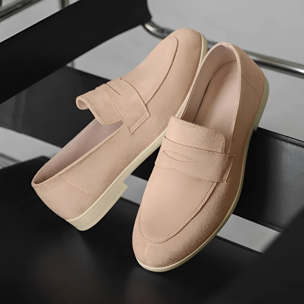 Men's height-increasing slip-on casual shoes with round toe and wedge heel in beige artificial PU