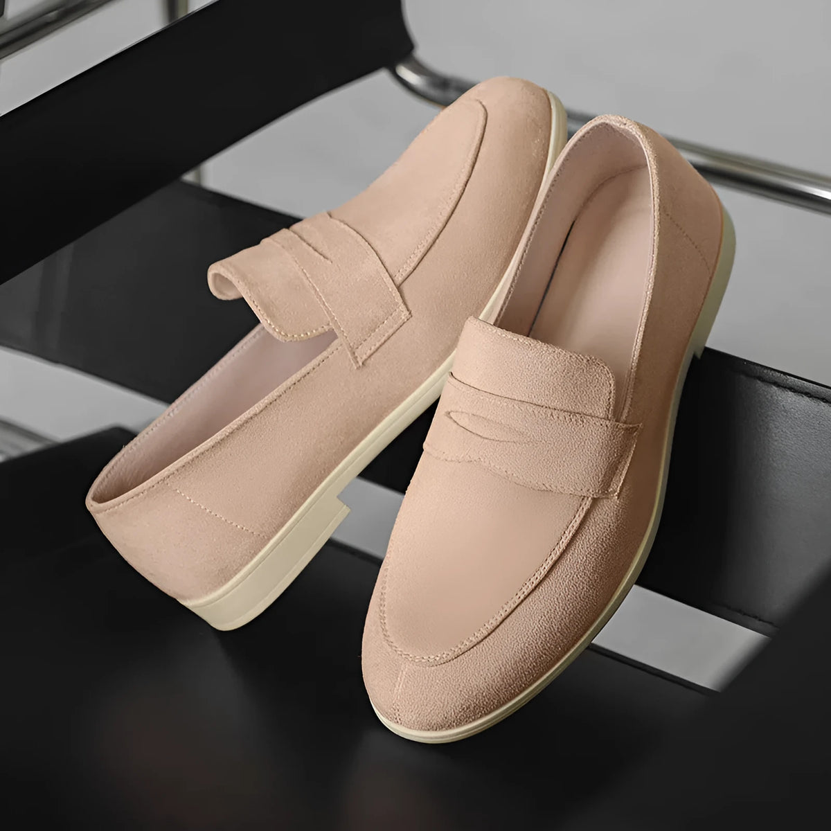 Men's height-increasing slip-on casual shoes with round toe and wedge heel in beige artificial PU