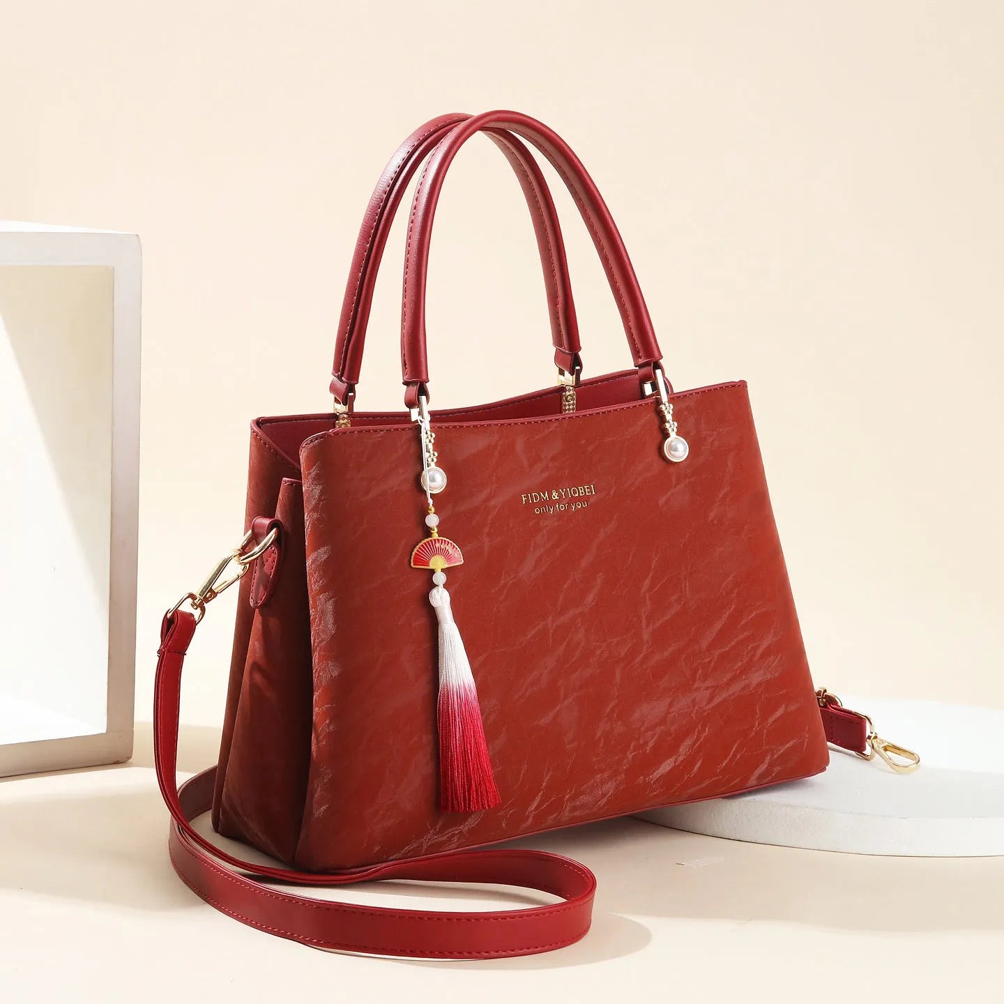 Women's PU shoulder bag in horizontal square shape with slit pocket, available in beige, black, green or red ethnic colours