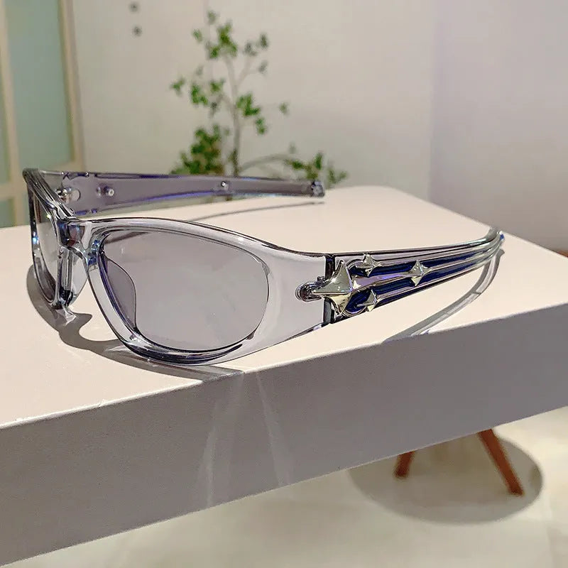 Outdoor sports sunglasses with windproof polycarbonate lenses in a special-shaped frame, shown in black with blue lenses.