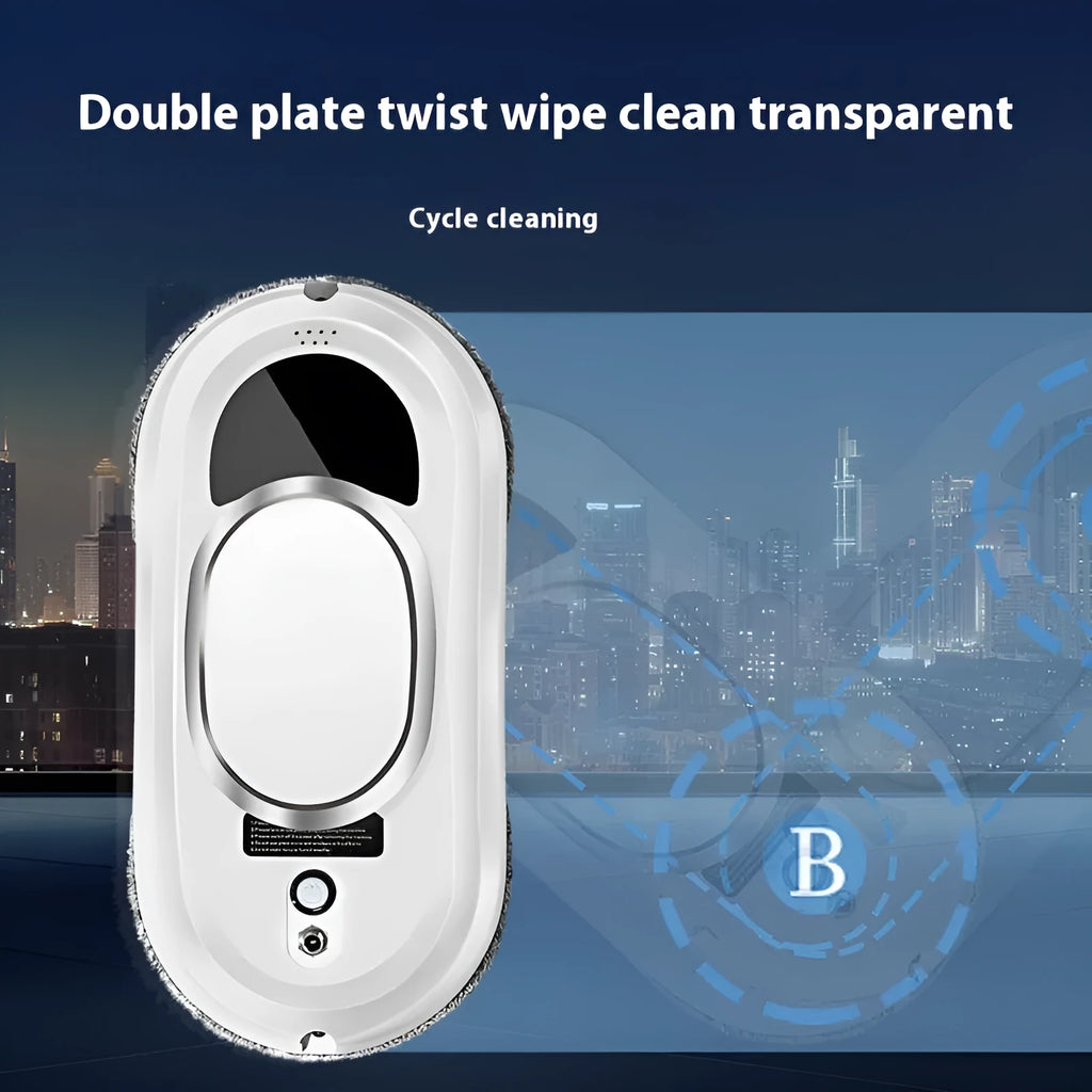 White full-automatic high altitude window cleaning machine with remote control on a windowsill.