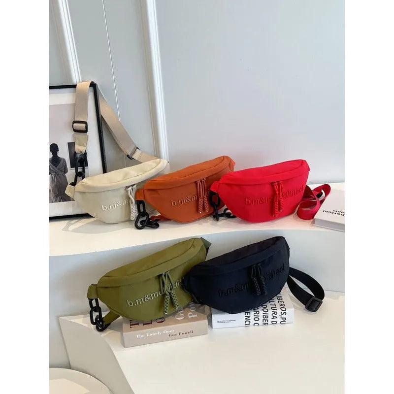 Women's soft nylon shoulder bag with embroidery letter and chain detail, Urban Simplicity style, available in multiple colours