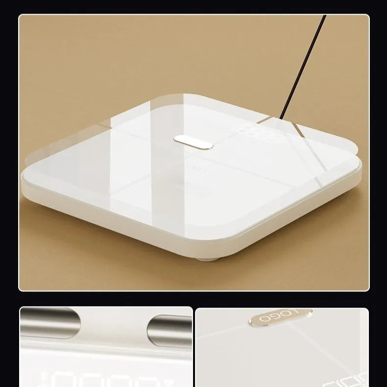 White smart body fat scale with 8 silver electrodes and LED display on tempered glass.