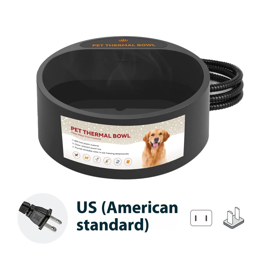 Black ABS plastic heated feeding bowl for cats and dogs with constant temperature control.